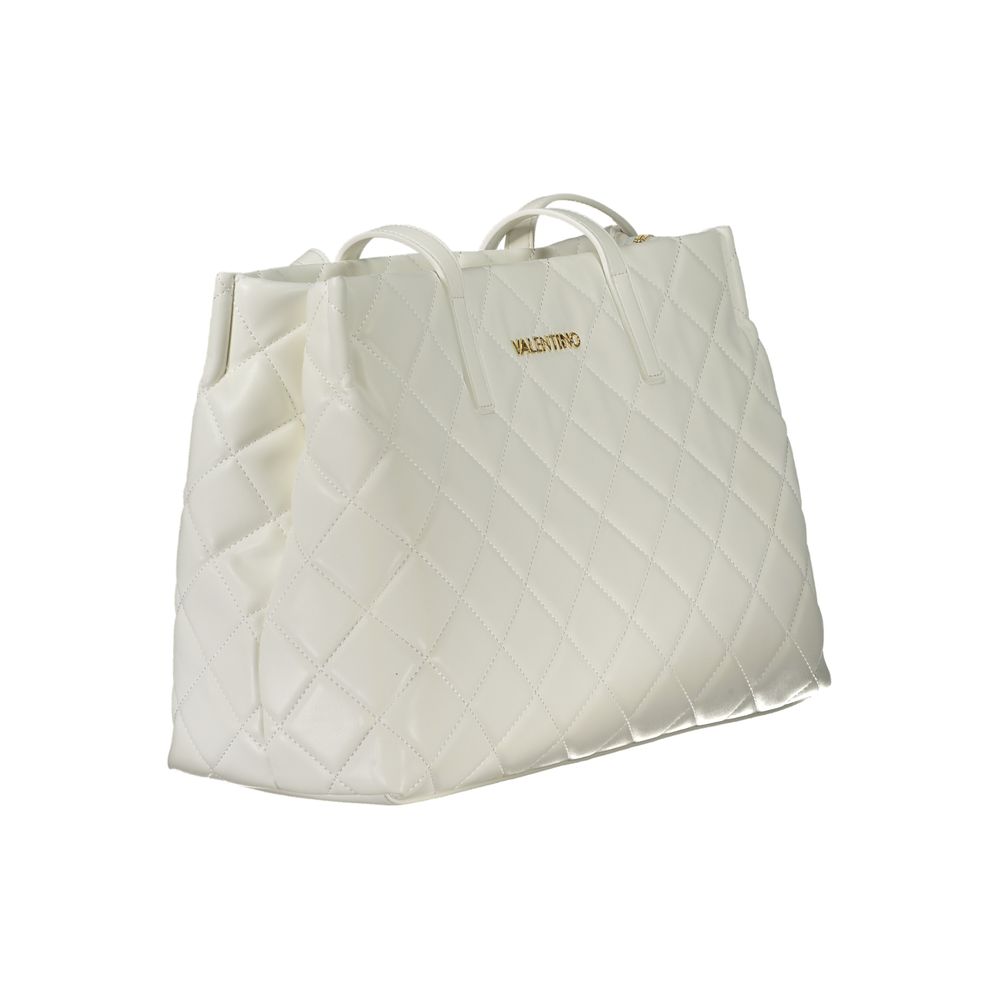 White polyurethane women's handbag by Mario Valentino with sleek design and silver hardware, displayed against a plain background.