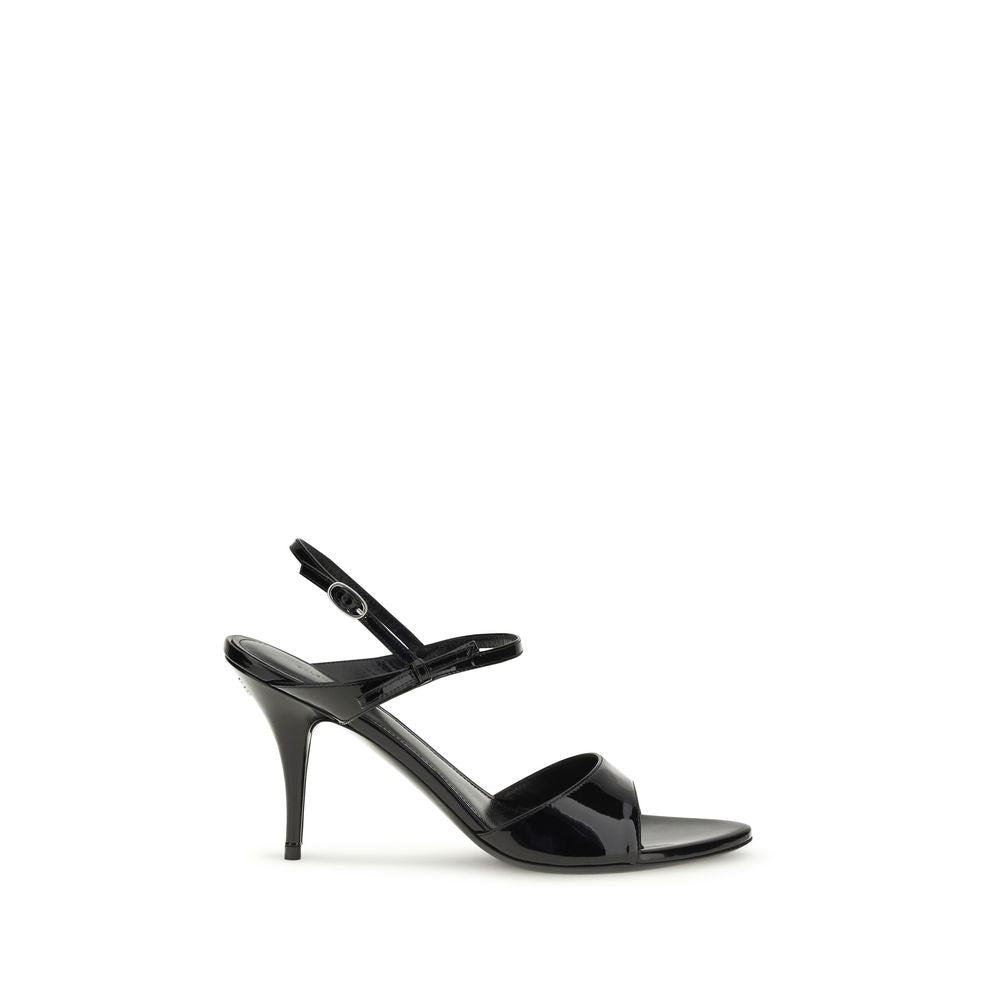 Balenciaga black calf leather Bos Taurus stiletto heel sandals with open toe and ankle strap.