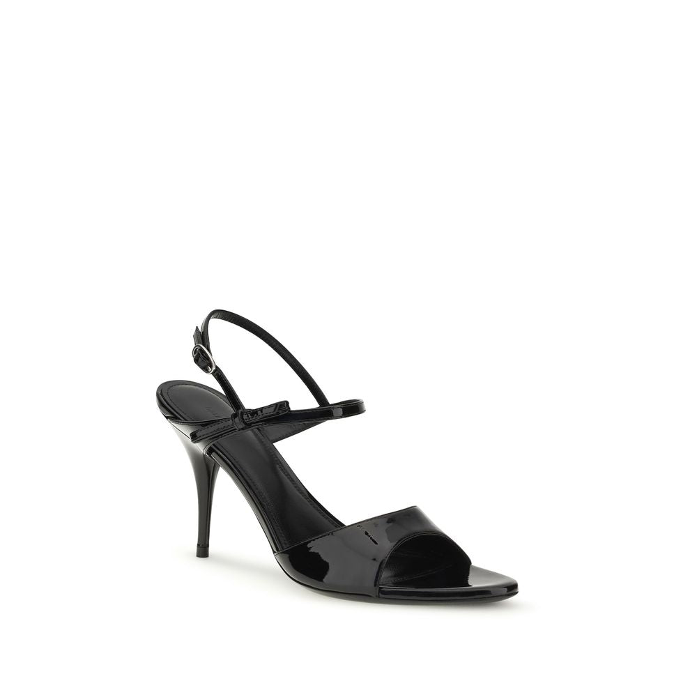 Black calf leather Balenciaga Bos Taurus stiletto heel sandals with sleek design and ankle strap detail.