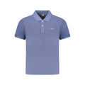 Pepe Jeans blue organic cotton men's polo shirt displayed on a hanger, showcasing a classic collar and short sleeves.