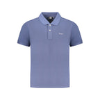 Pepe Jeans blue organic cotton men's polo shirt displayed on a hanger, showcasing a classic collar and short sleeves.