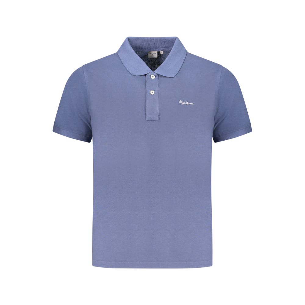 Pepe Jeans blue organic cotton men's polo shirt displayed on a hanger, showcasing a classic collar and short sleeves.