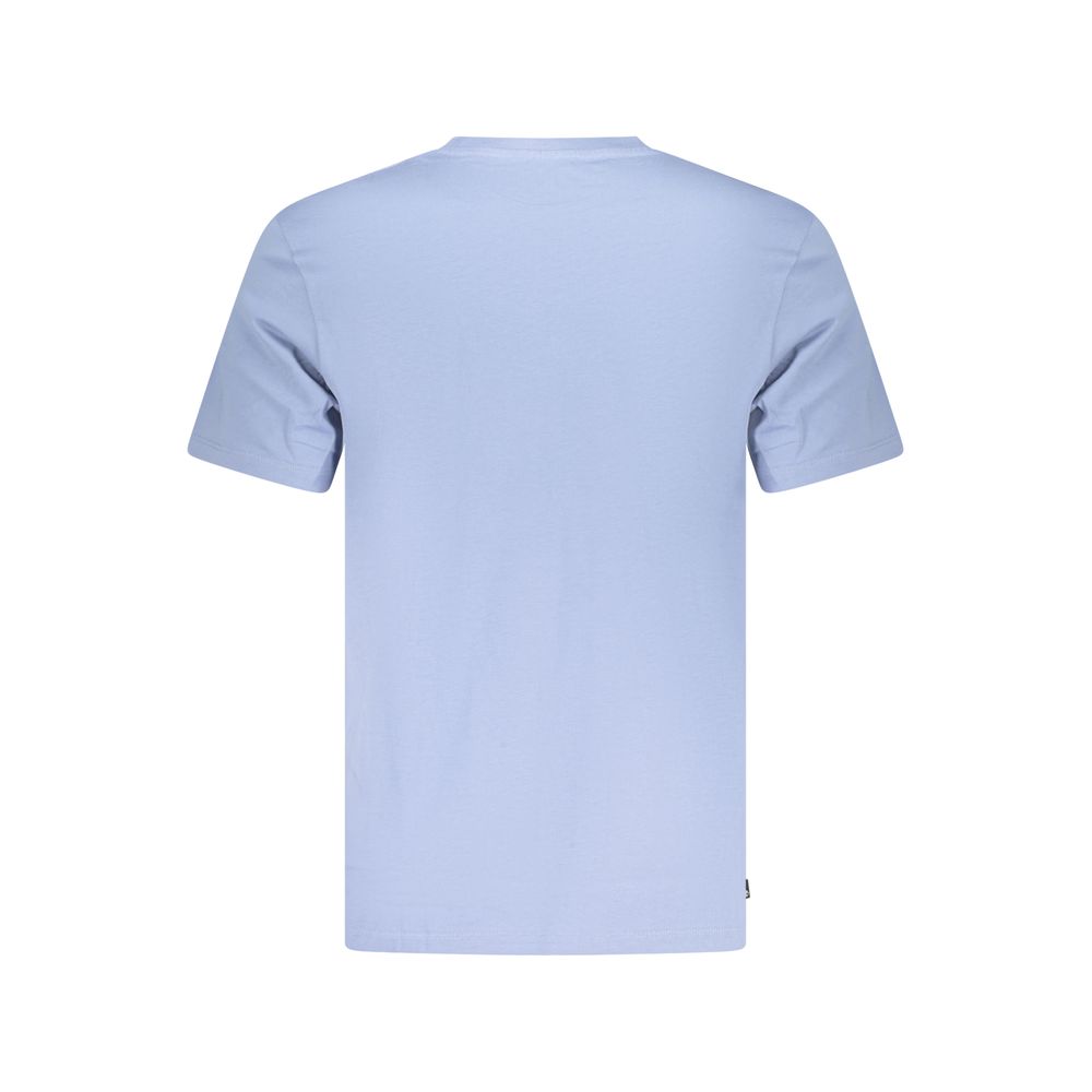 Blue cotton men's T-shirt by Timberland, featuring a classic fit and crew neckline, displayed flat on a white background.