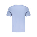 Blue cotton men's T-shirt by Timberland, featuring a classic fit and crew neckline, displayed flat on a white background.