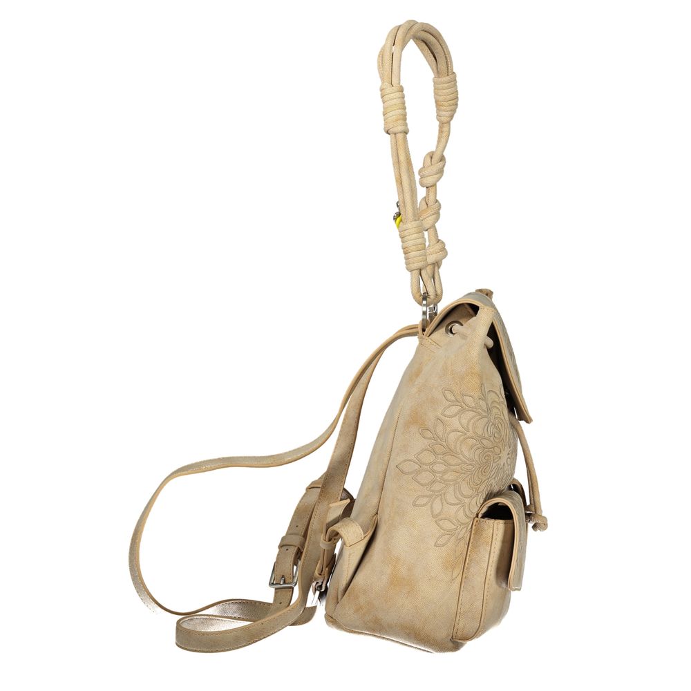 Beige Desigual women's polyurethane backpack with stylish design, adjustable straps, and top handle for casual and everyday use.