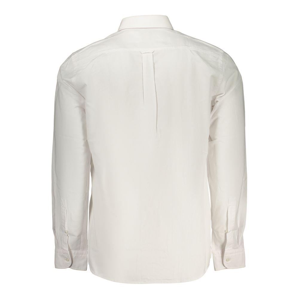 Hugo Boss white cotton men's shirt displayed flat, featuring a classic collar and button-down front.