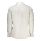 Hugo Boss white cotton men's shirt displayed flat, featuring a classic collar and button-down front.