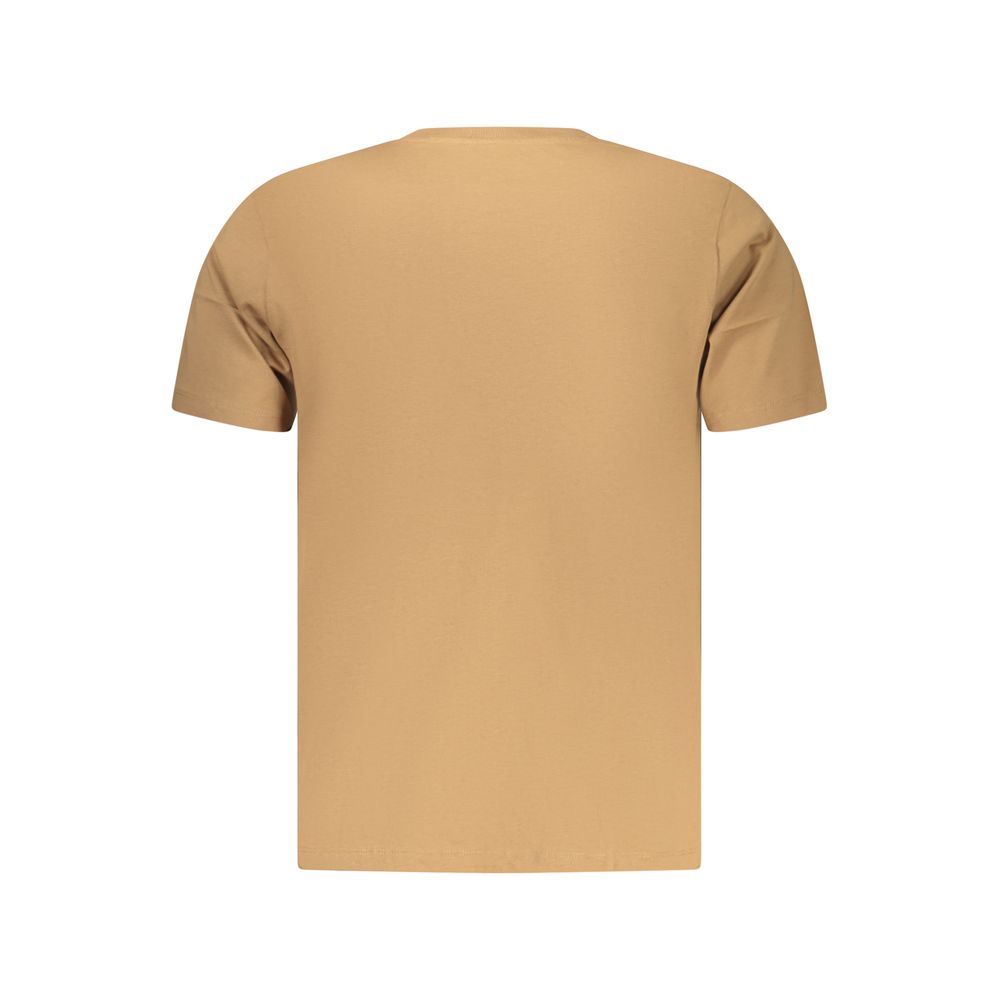 Pepe Jeans men's brown cotton T-shirt displayed on a hanger, showcasing a casual, comfortable fit and classic style.