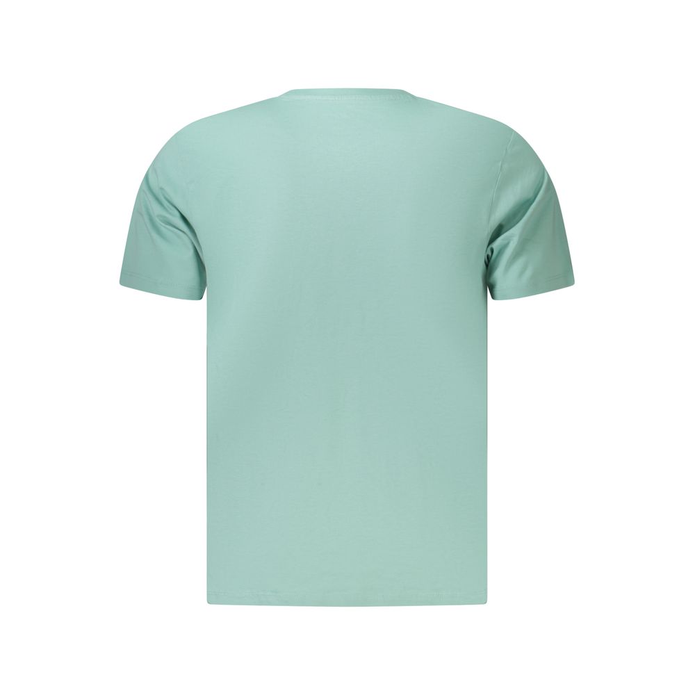 Pepe Jeans Azzurro cotton men's T-shirt displayed flat with round neckline and short sleeves in a light blue color.