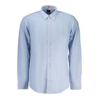 Hugo Boss Azzurro cotton men's shirt with a classic collar and button-down front, displayed on a hanger.