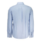 Hugo Boss Azzurro cotton men's shirt displayed on a hanger, featuring a classic collar and button-down front.