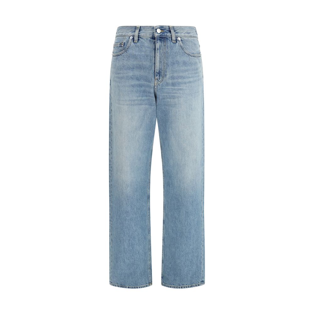 Gucci blue cotton straight-leg jeans displayed on a hanger with visible stitching and classic five-pocket design.