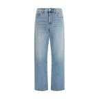 Gucci blue cotton straight-leg jeans displayed on a hanger with visible stitching and classic five-pocket design.
