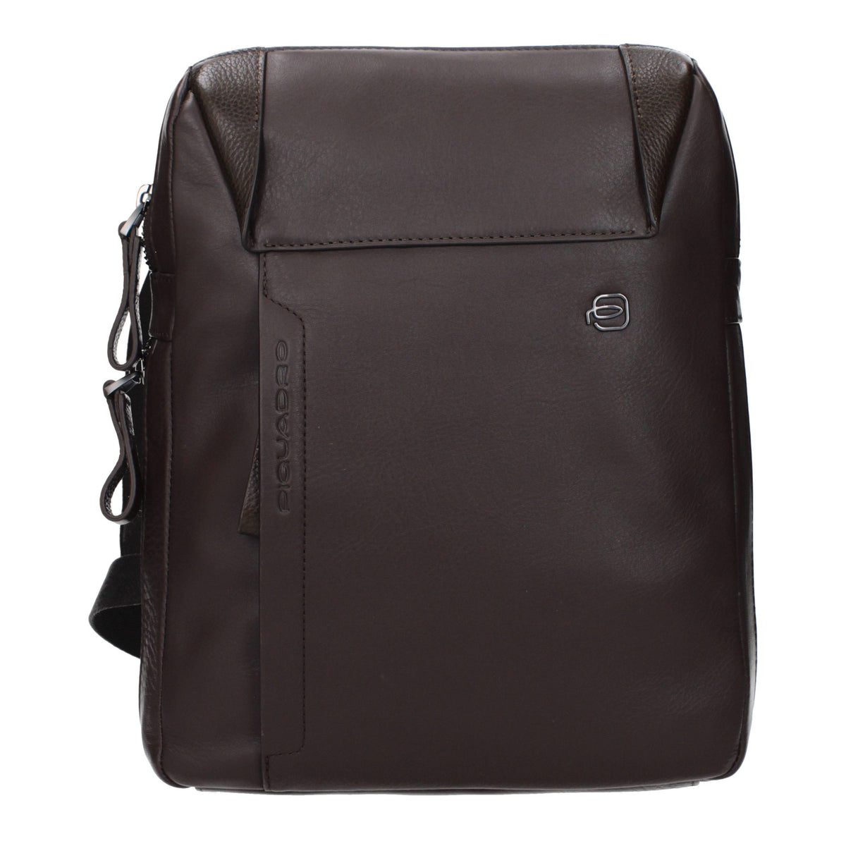Brown leather crossbody bag by Piquadro with adjustable strap and sleek design, perfect for everyday use.