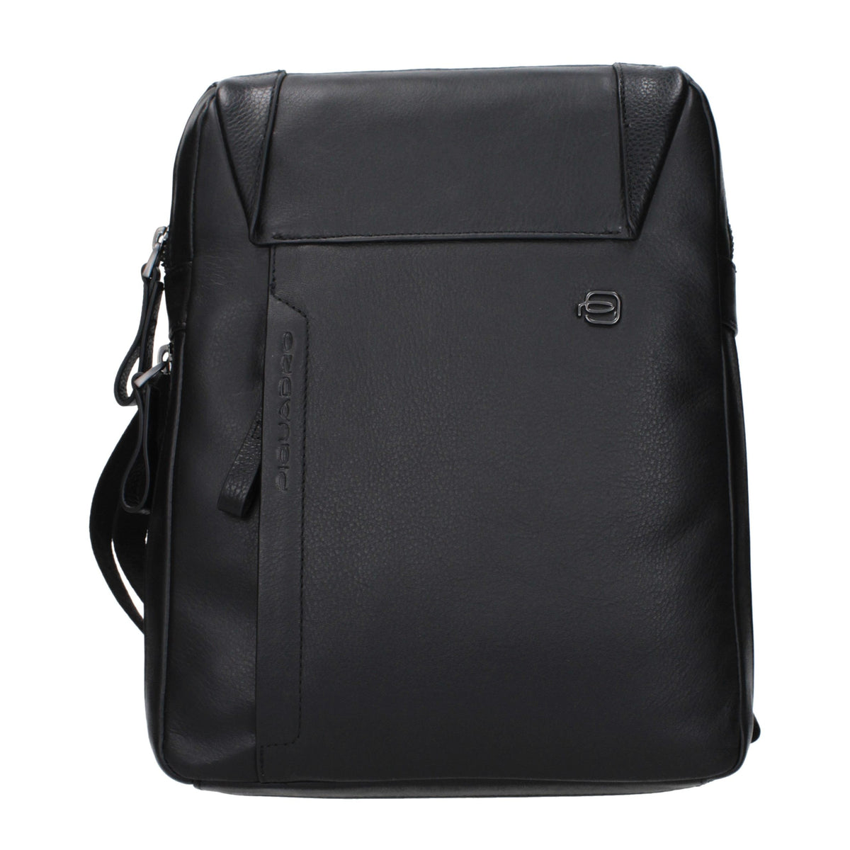 Piquadro black leather crossbody bag with adjustable strap and sleek design, suitable for everyday carrying and style.