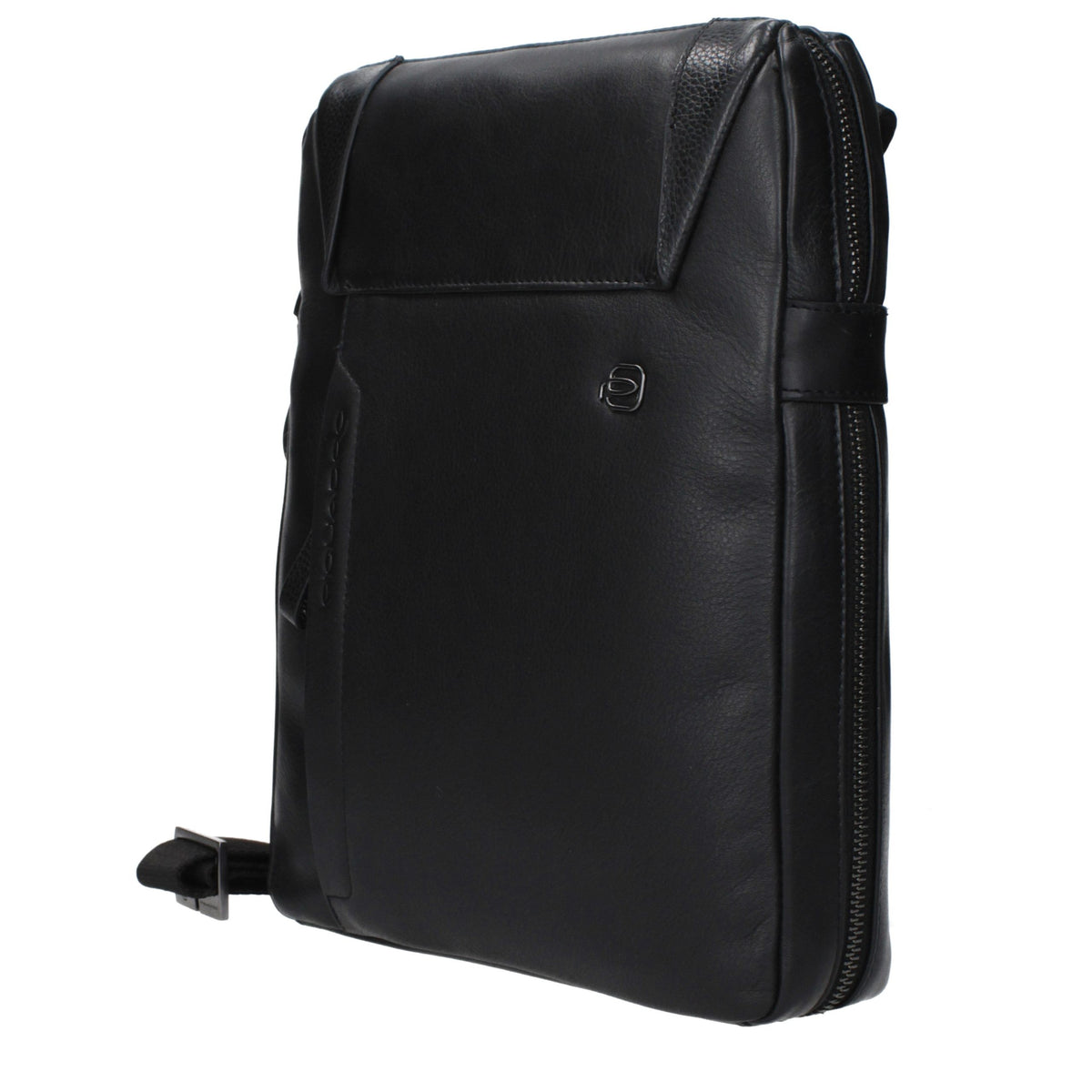Black leather Piquadro crossbody bag with adjustable strap and sleek design, suitable for everyday use.