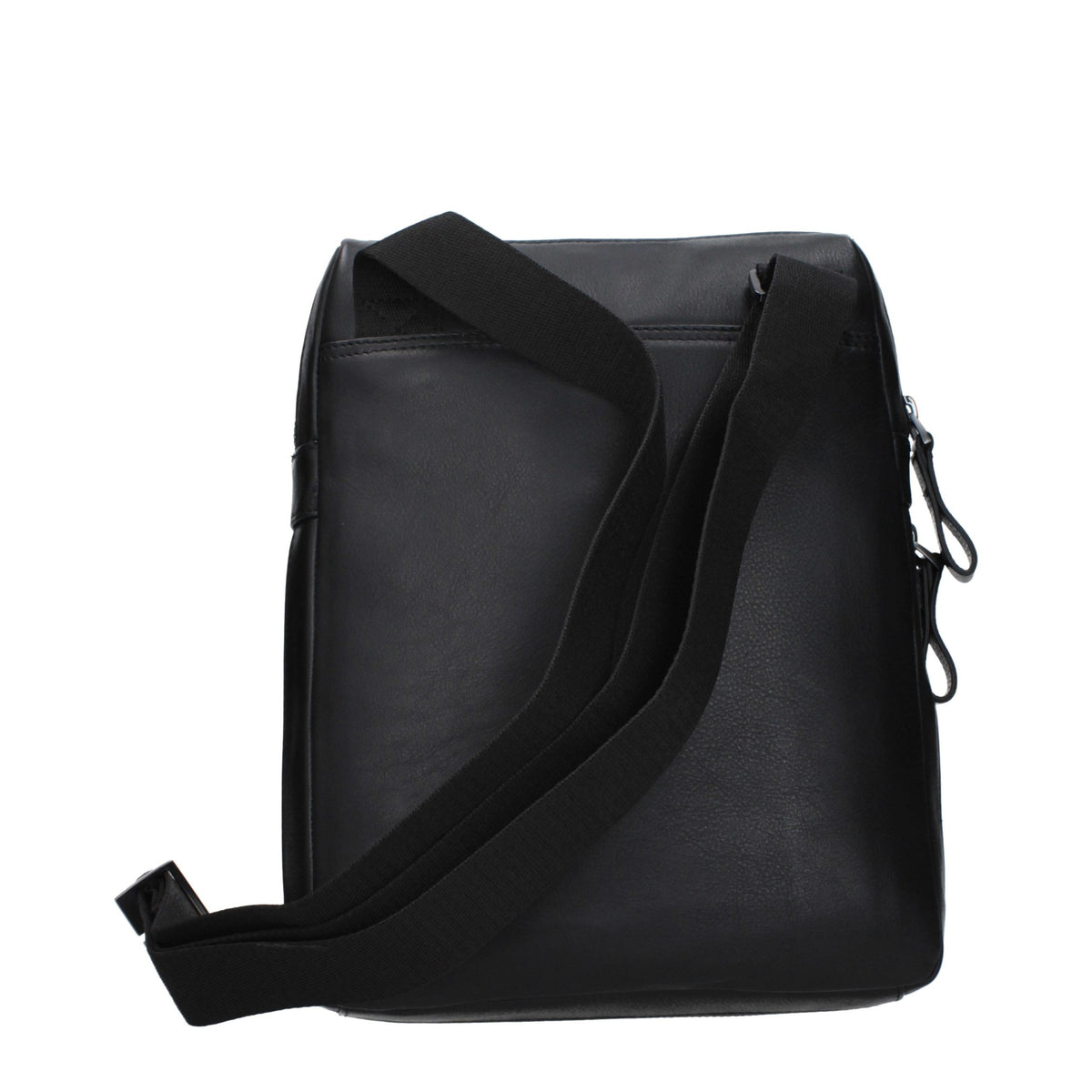 Piquadro black leather crossbody bag with adjustable strap, front pockets, and sleek design for everyday use.