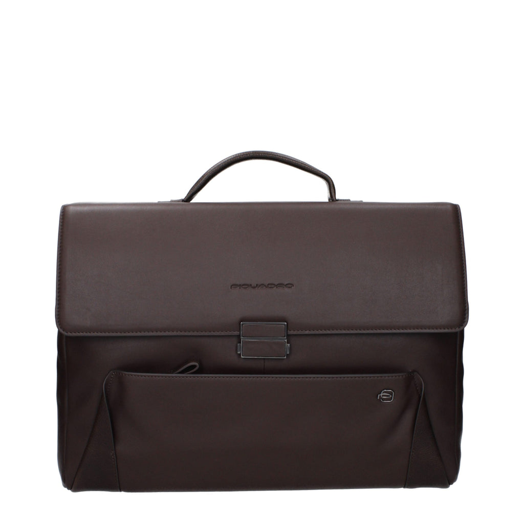 Brown leather Piquadro business and laptop bag with multiple compartments and sleek design.
