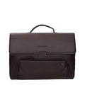 Brown leather Piquadro business and laptop bag with multiple compartments and sleek design.