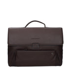 Brown leather Piquadro business and laptop bag with multiple compartments and sleek design.
