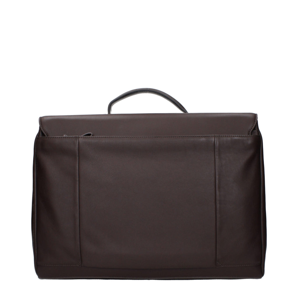 Piquadro brown leather business and laptop bag with multiple compartments, stylish design, and sturdy handles.
