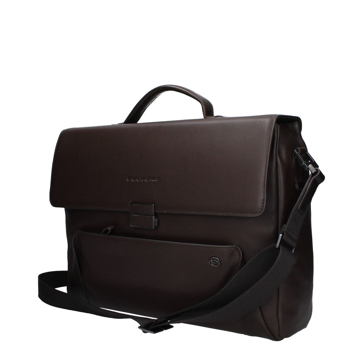 Piquadro brown leather business and laptop bag with adjustable shoulder strap and multiple compartments for organization.