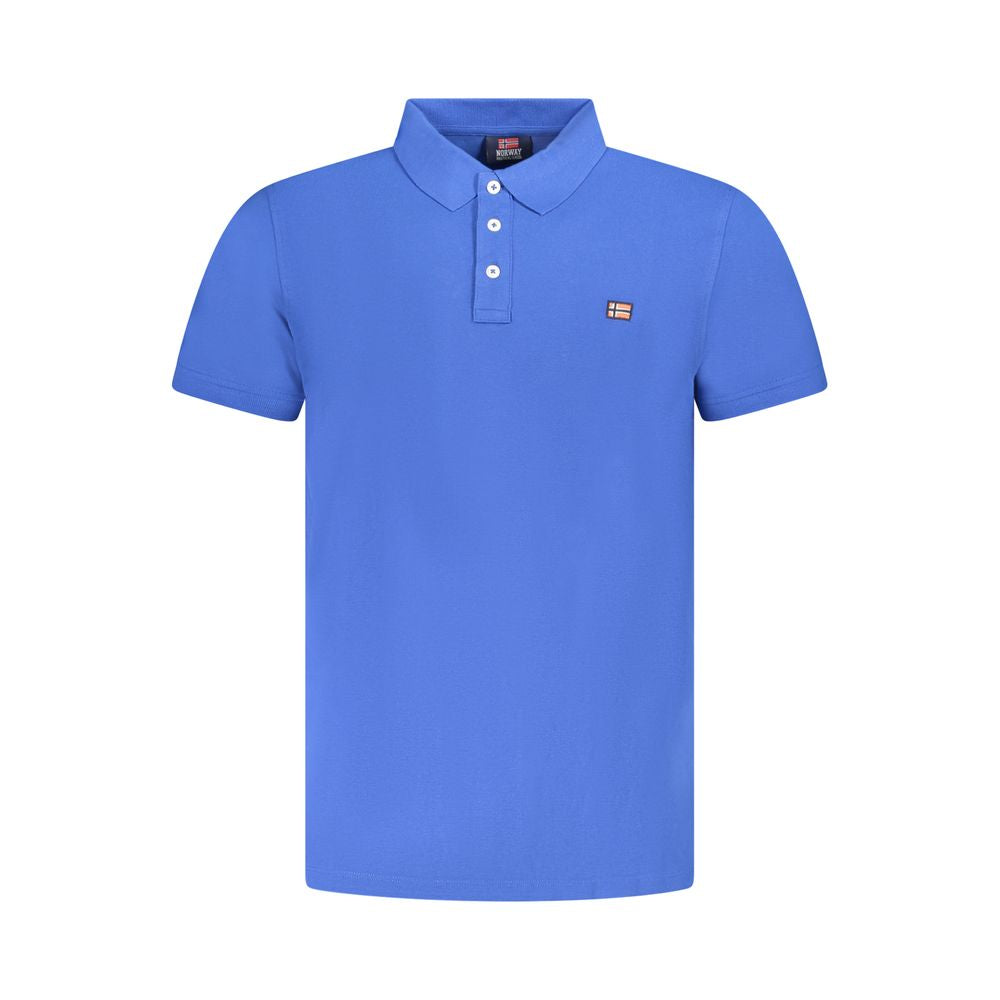 Norway 1963 men's blue cotton polo shirt with a classic collar and short sleeves, displayed on a neutral background.