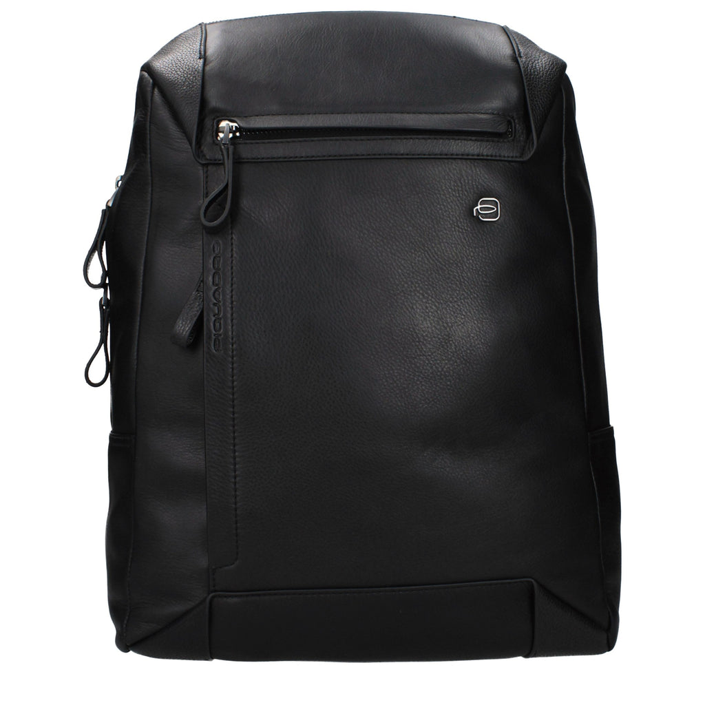 Piquadro black leather backpack with multiple compartments, sturdy straps, and sleek design for everyday use.