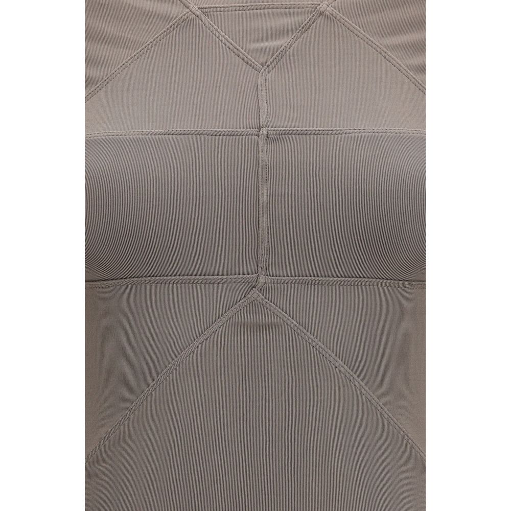 Rick Owens gray viscose shirt displayed on a hanger, showcasing its relaxed fit and smooth fabric texture.