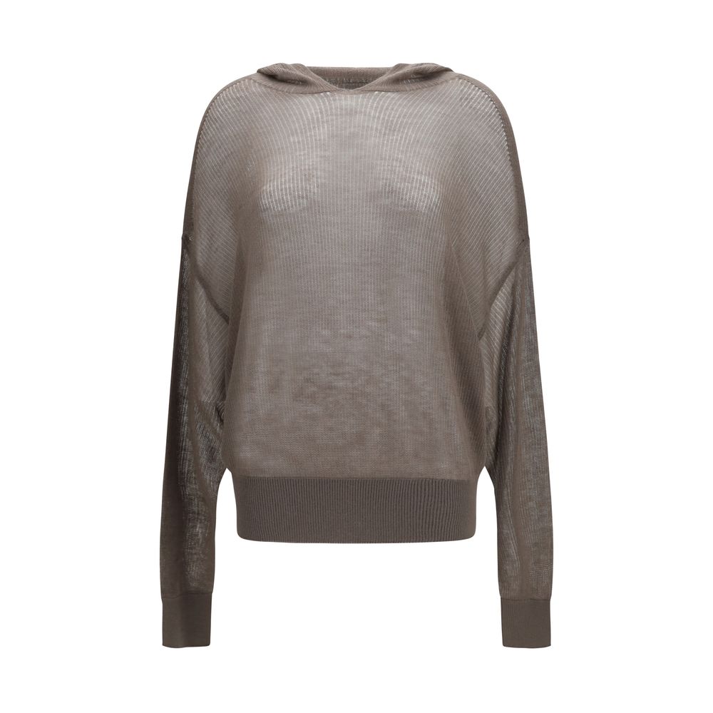 Rick Owens gray cashmere hoodie featuring a relaxed fit and soft texture, displayed on a plain background.