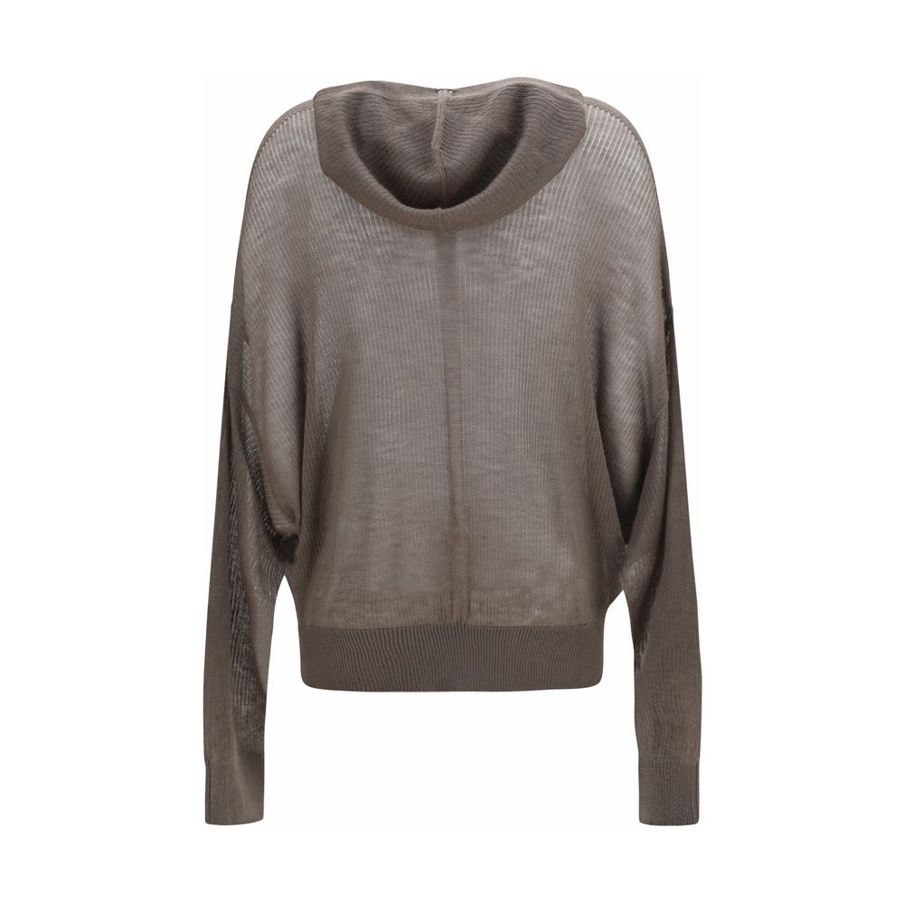 Rick Owens gray cashmere hoodie displayed on a hanger, showcasing soft knit fabric and relaxed fit.