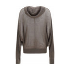 Rick Owens gray cashmere hoodie displayed on a hanger, showcasing soft knit fabric and relaxed fit.