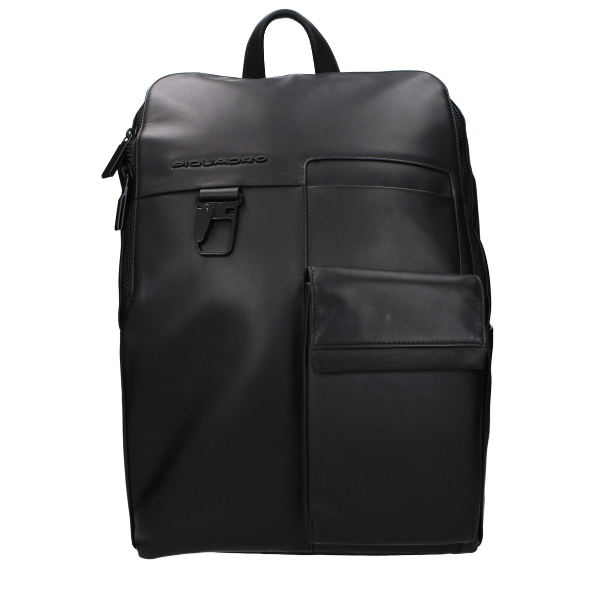 Piquadro black leather backpack with adjustable shoulder straps and sleek design, featuring multiple compartments and a top handle.
