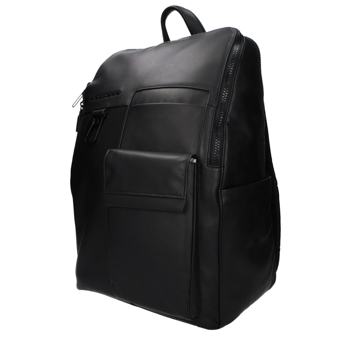 Piquadro black leather backpack with multiple compartments and adjustable straps, stylish and durable for everyday use.