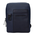 Piquadro blue leather crossbody bag with adjustable strap, featuring sleek design and compact size for everyday use.
