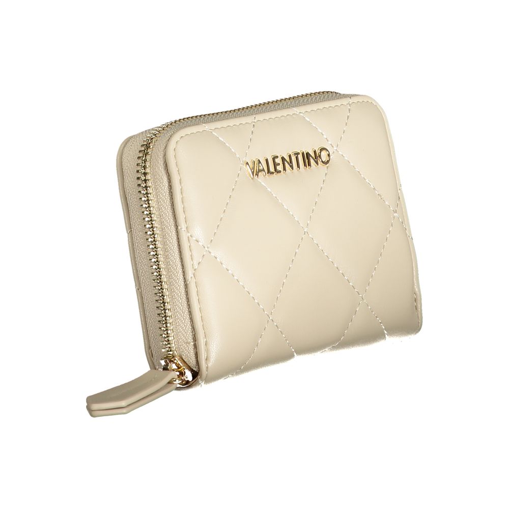 Mario Valentino beige polyurethane women's wallet with sleek design and zip-around closure, featuring multiple card slots and a compact shape.