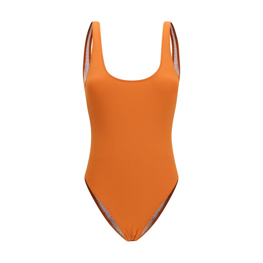 Kristina Ti orange polyamide one-piece swimsuit with a sleek design, shown on a model against a white background.