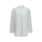 White cotton shirt by ALAINPAUL, featuring a classic fit with button-down collar and long sleeves, displayed on a neutral background.