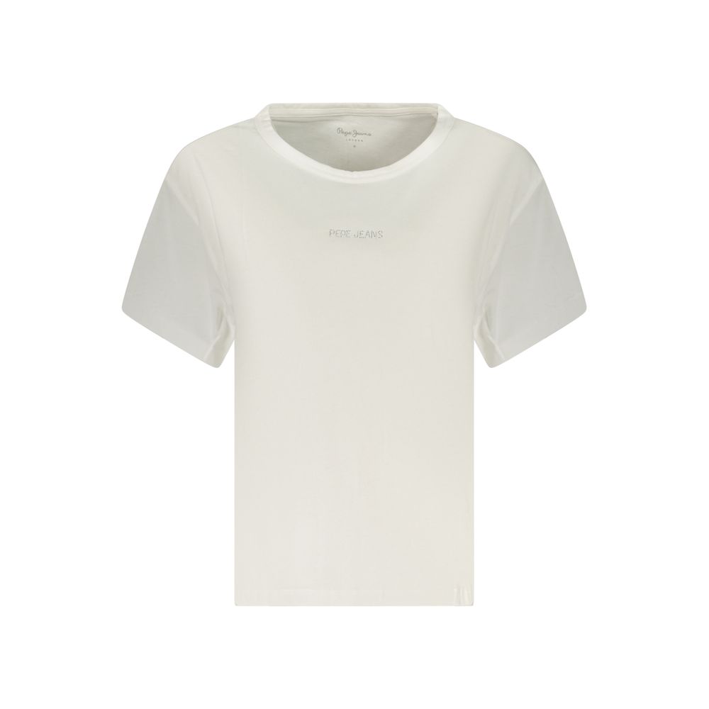 White cotton women’s T-shirt by Pepe Jeans, featuring a classic fit and short sleeves, displayed on a plain background.