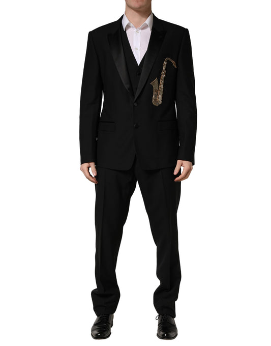 Dolce & Gabbana Black Wool Silk Saxophone Slim Fit 3Pc Suit Dolce & Gabbana
