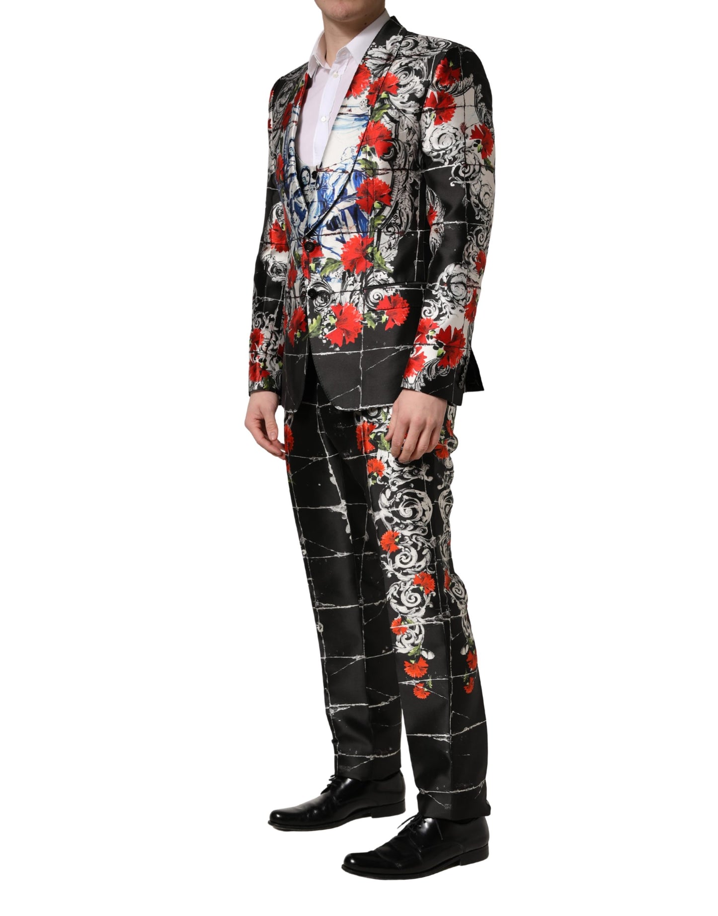 Dolce & Gabbana Black Floral 2 Buttons Formal 3 Piece Suit Dolce & Gabbana