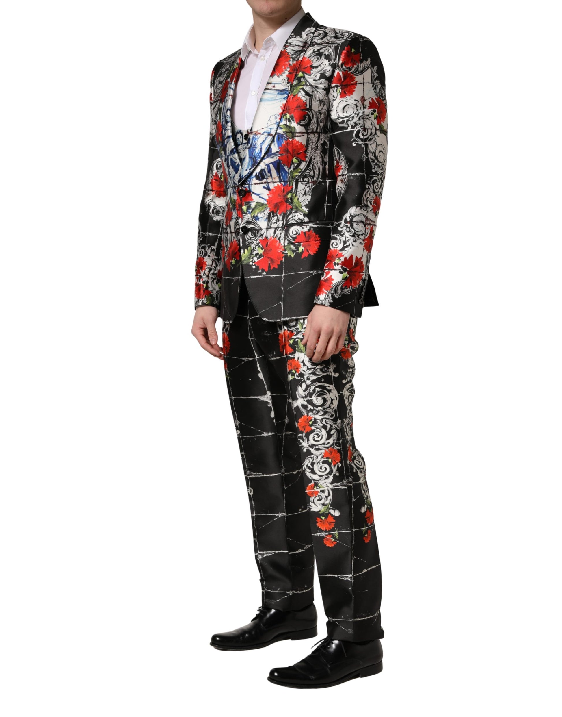 Dolce & Gabbana Black Floral 2 Buttons Formal 3 Piece Suit Dolce & Gabbana