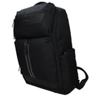 Piquadro black fabric backpack with multiple compartments and padded straps, designed for stylish everyday use.