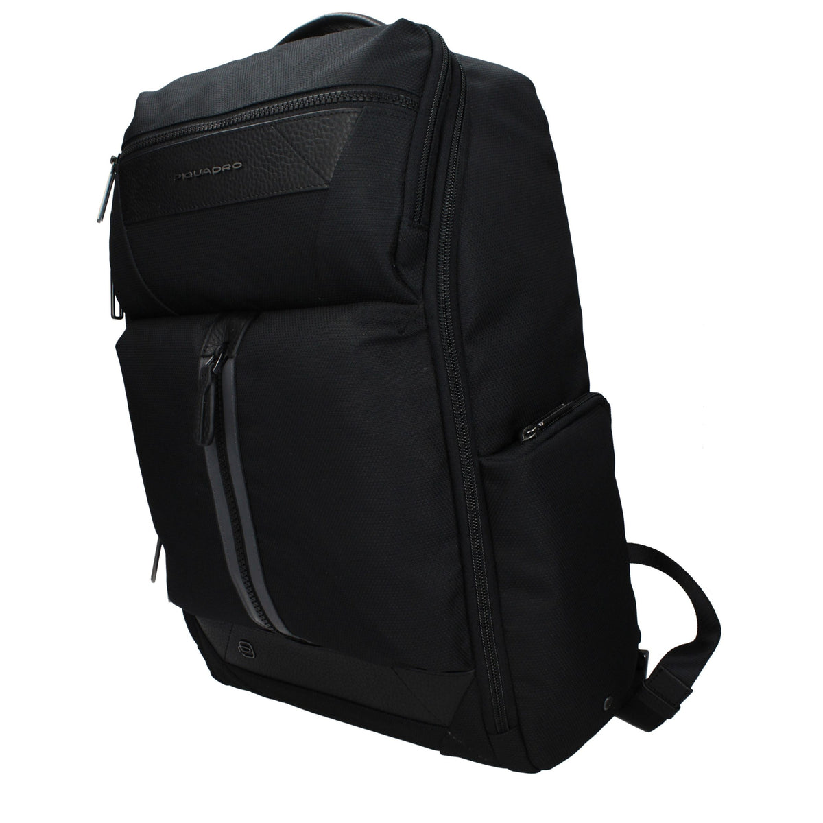 Piquadro black fabric backpack with multiple compartments and padded straps, designed for stylish everyday use.