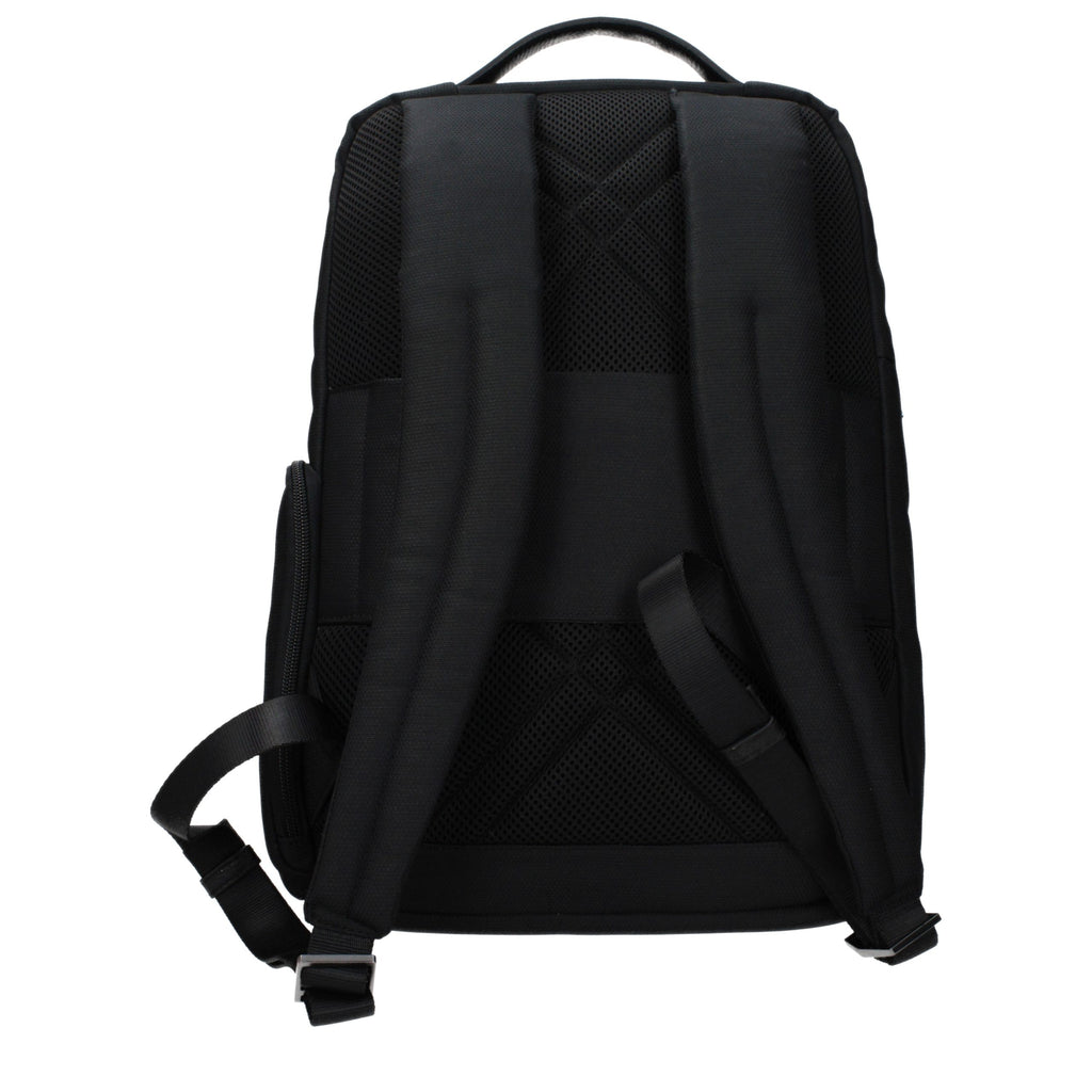 Piquadro black fabric backpack with multiple compartments, adjustable straps, and Piquadro logo on front, suitable for daily use.
