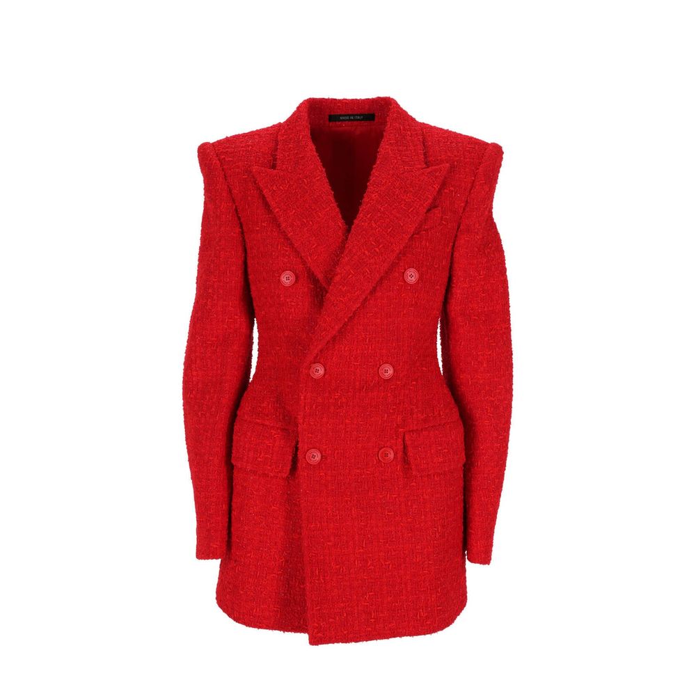 Red cotton blazer by Balenciaga, tailored fit with structured lapels and sleek design, displayed flat on a white background.