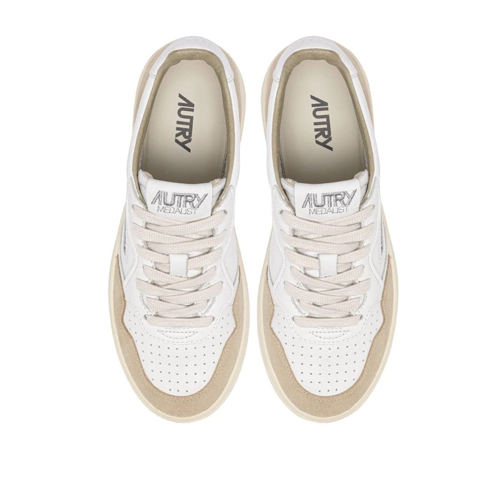 Autry white goatskin athletic sneakers with laces, showcasing stylish design and clean white leather for casual wear.