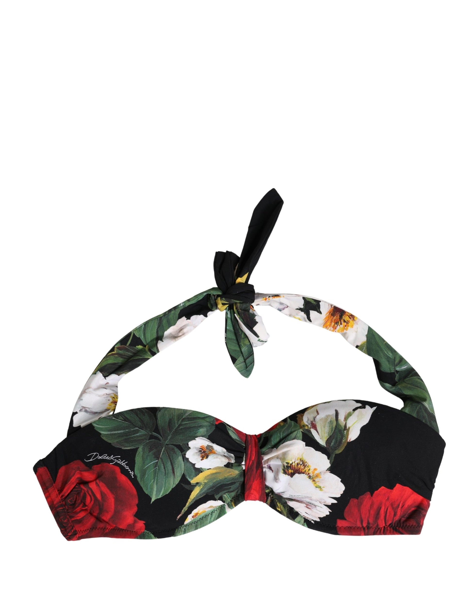 Dolce & Gabbana Black Floral Padded Halter Bikini Top Swimwear Dolce & Gabbana