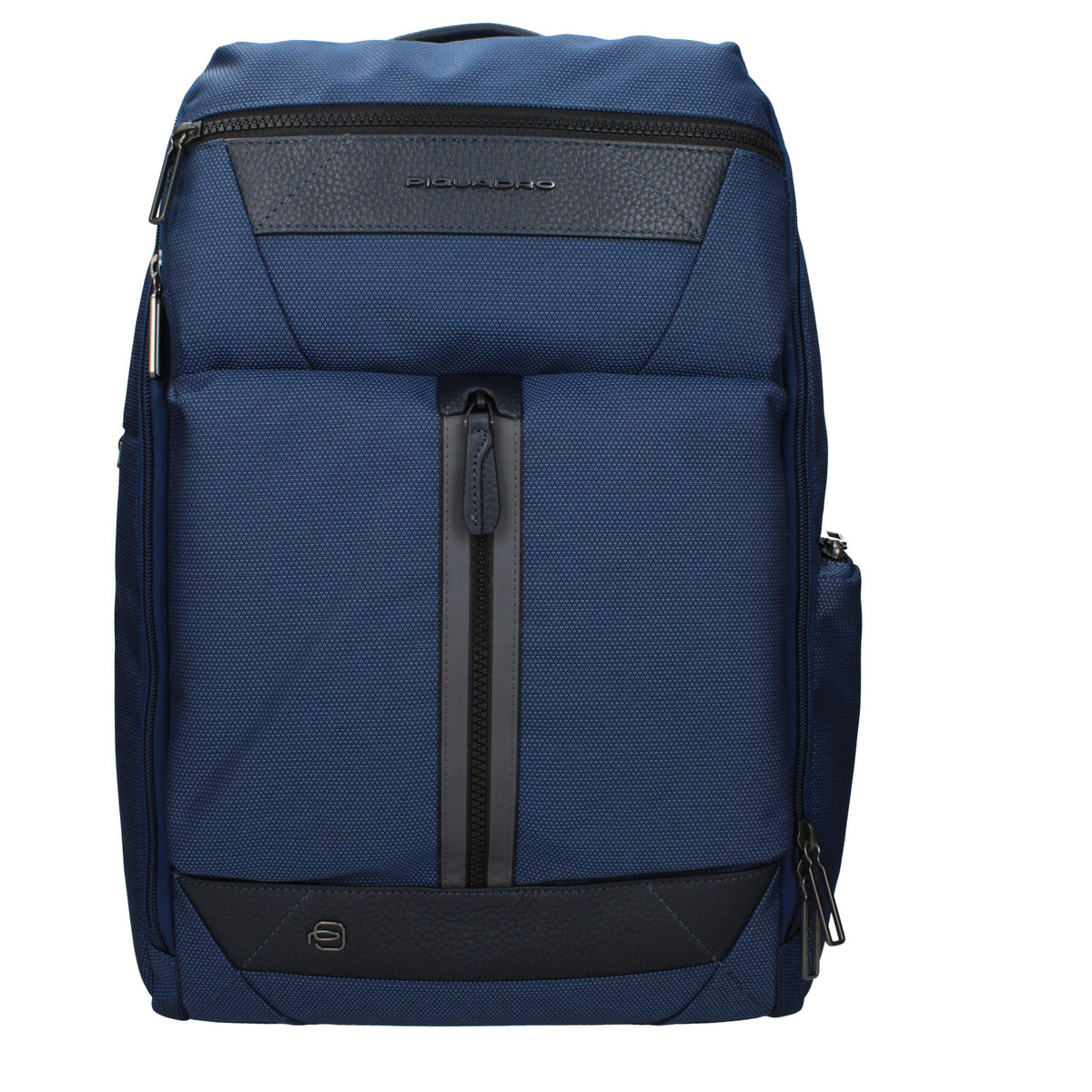 Piquadro blue fabric backpack with adjustable straps, multiple compartments, and sleek design for everyday use.