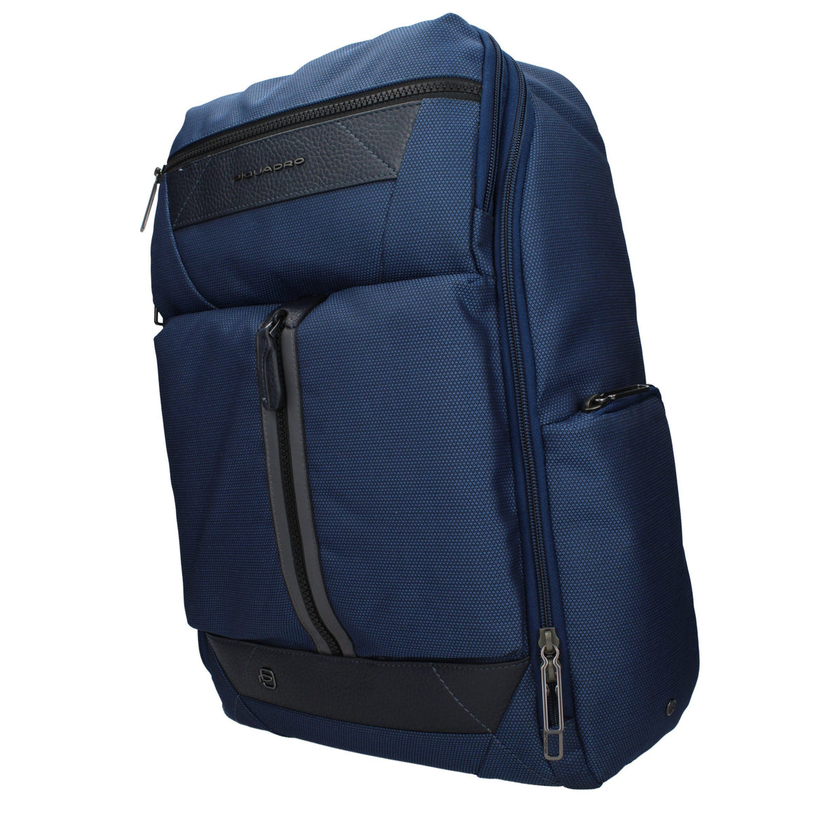 Piquadro blue fabric backpack with adjustable straps and multiple compartments for everyday carry and organization.